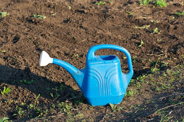 Blue Watering Can Green Rainwater Collecting Tank Rural Church Yard — стоковое фото