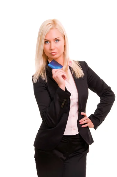 Young business woman holding new credit card — Stock Photo, Image