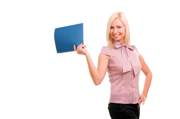 Happy business woman holding reports — Stock Photo, Image