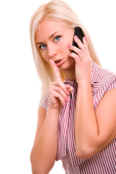 Γυναίκα όμορφη επιχείρηση με το τηλέφωνο που απομονώνονται σε λευκό — Φωτογραφία Αρχείου
