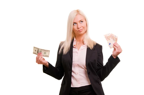 Young business woman holding euro in one hand and dollars in ano — Stock Photo, Image