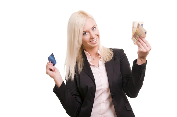 Business woman with a credit card and cash in her hand — Stock Photo, Image