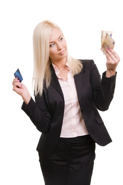 Geschäftsfrau Mit Kreditkarte Und Bargeld Der Hand — Stockfoto