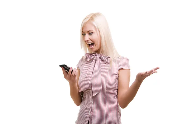 Wütende Geschäftsfrau Schreit Während Sie Auf Dem Handy Isoliert Auf — Stockfoto