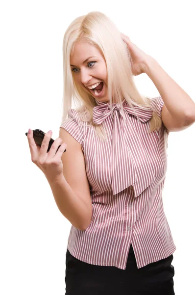 Angry business woman yells while on cell phone isolated on white — Stock Photo, Image