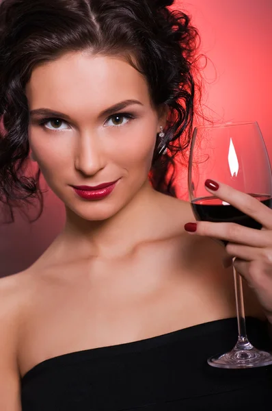 Beautiful Young Woman Glass Red Wine — Stock Photo, Image