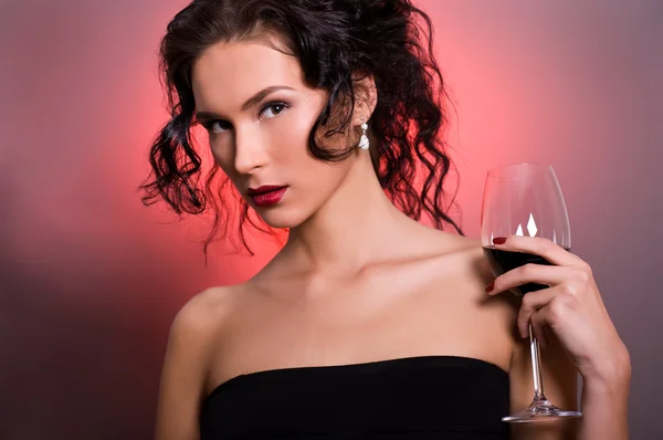Belle Jeune Femme Avec Verre Vin Rouge — Photo