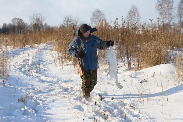 Avcı Avcılık Öldüren Bir Tavşan Ele Alıyor — Stok fotoğraf