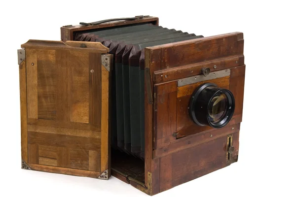 Dřevěné Retro Fotoaparát Který Izolován Bílém Pozadí — Stock fotografie