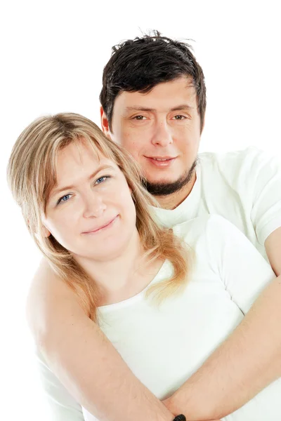 Glückliches Verliebtes Paar Lächelt Über Weißem Hintergrund — Stockfoto