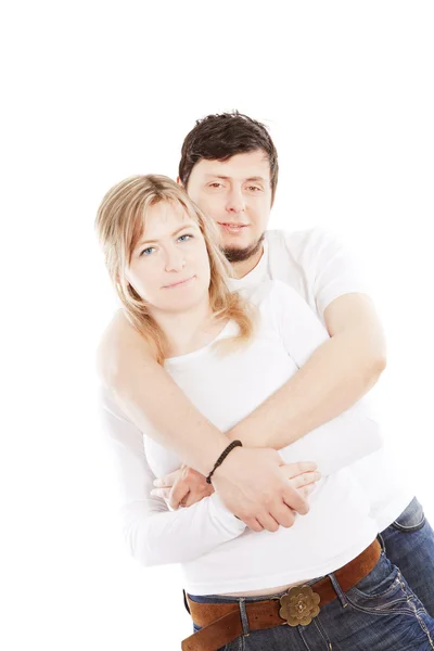 Couple Heureux Amoureux Souriant Sur Fond Blanc — Photo