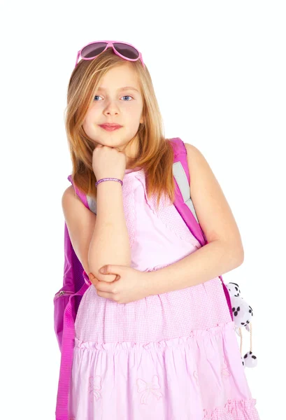Smiling girl with backpack over white — Stock Photo, Image