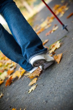 Nordic walking race on autumn trail clipart