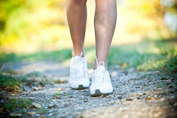 Frau läuft Langlauf und Loipen im Herbstwald — Stockfoto