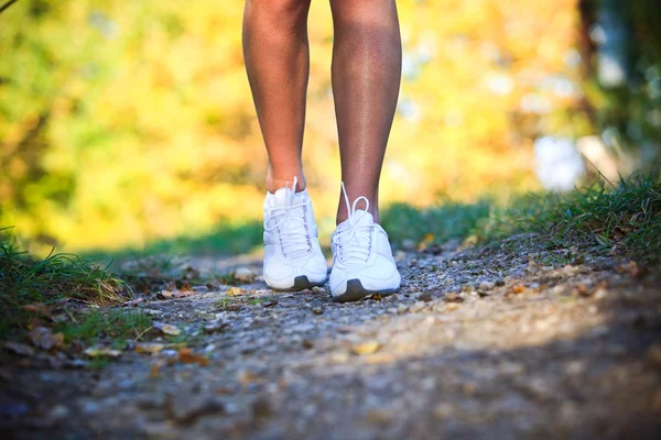Жінка вигулює крос країні і стежки — стокове фото