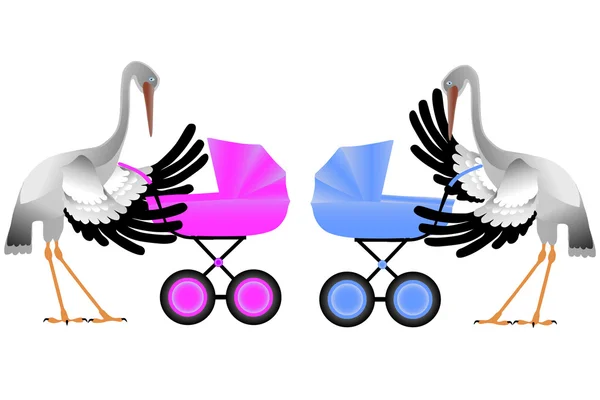 Storch mit Kinderwagen — Stockvektor