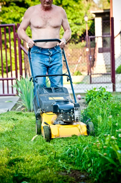 Hombre cortando la hierba con la segadora — Foto de Stock