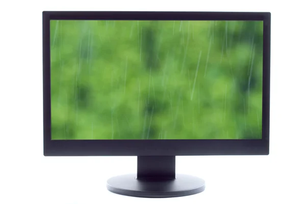 Krople deszczu spada na ekranie telewizora — Zdjęcie stockowe