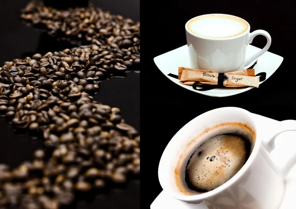 Kaffeetassen und Bohnen-Collage — Stockfoto