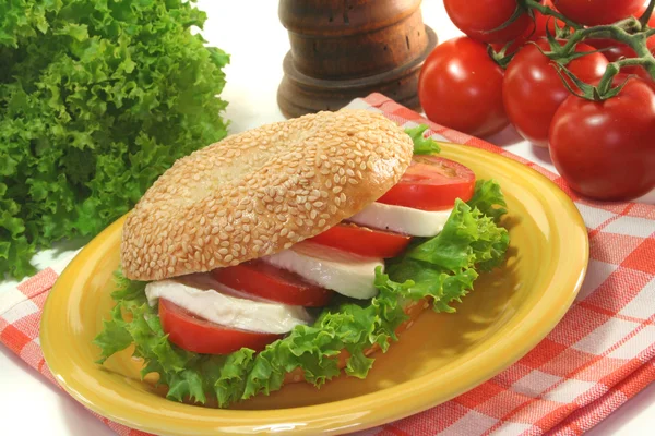 Bagel with tomatoes and mozzarella — Stock Photo, Image