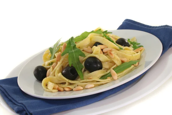 Pasta Pine Nuts Pesto Olives Fresh Rucola — Stock Photo, Image