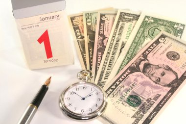 Many dollar bills and pocket watch with tear-off calendar on a white background clipart