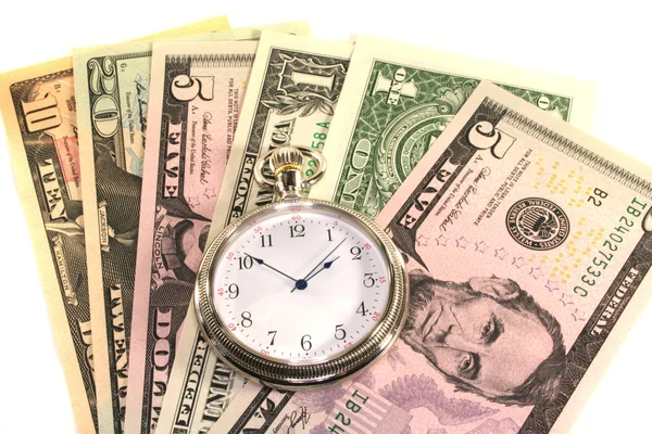 Muitas Notas Dólar Com Relógio Bolso Fundo Branco — Fotografia de Stock