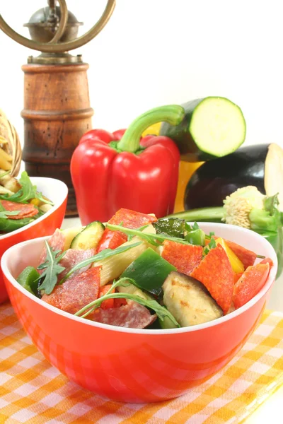 Penne Salad Eggplant Zucchini Peppers Olives Rocket — Stock Photo, Image