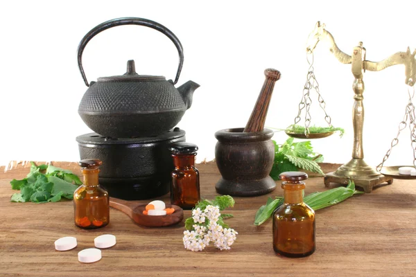 Pharmacists Scale Mortar Tea Kettle Bottle Pharmacist Fresh Herbs — Stock Photo, Image