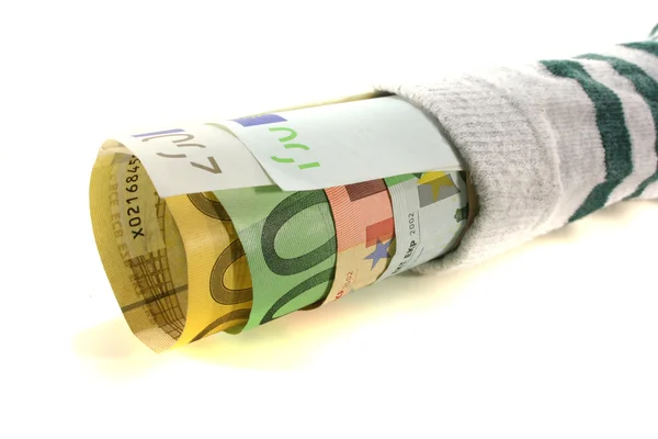 Calzino Righe Con Molte Banconote Euro Sfondo Bianco — Foto Stock