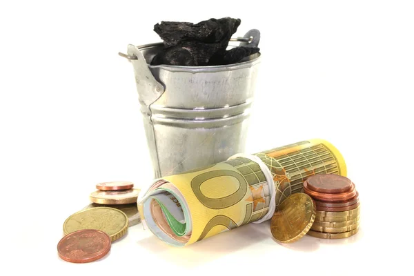 Cubo Carbón Billetes Euros Sobre Fondo Blanco — Foto de Stock