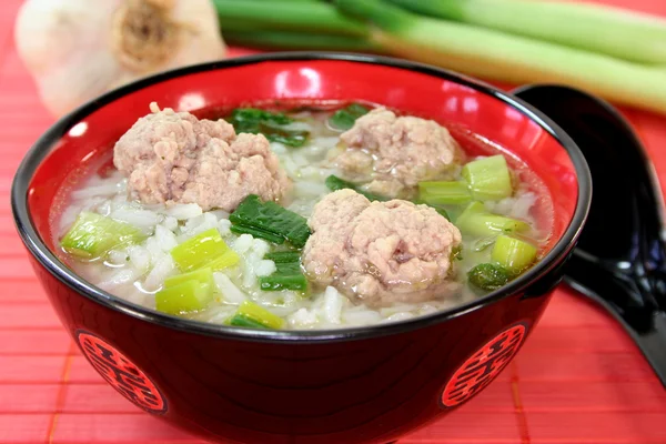 Thai Rice Soup Meat Balls Jasmine Rice Spring Onions — Stock Photo, Image