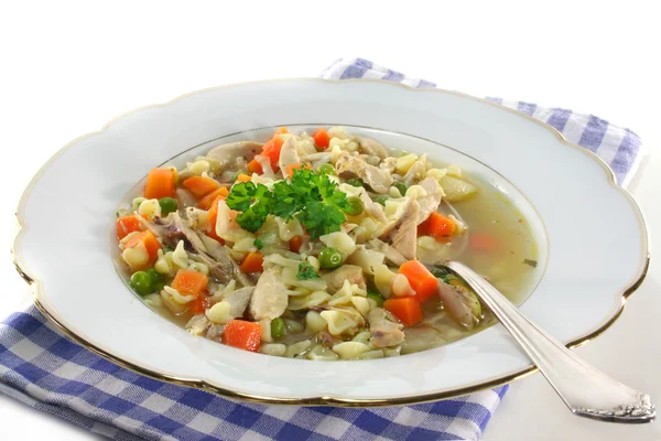 Una Sopa Pollo Con Pasta Concha Verduras — Foto de Stock