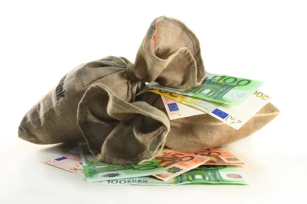 Eurosedlar Och Pengar Påsar Framför Vit Bakgrund — Stockfoto