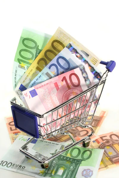 Shopping Cart Various Euro Notes — Stock Photo, Image