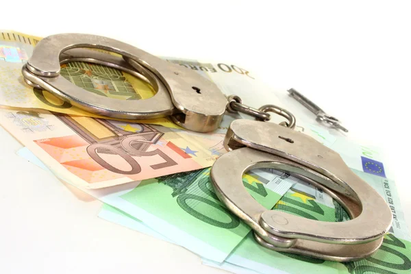 Euro Notes Handcuffs Ion White Background — Stock Photo, Image