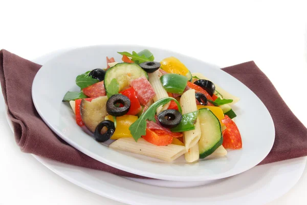 stock image Pasta salad with roasted mediterranean vegetables and arugula