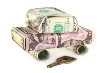 A car from dollar bills in front of white background clipart