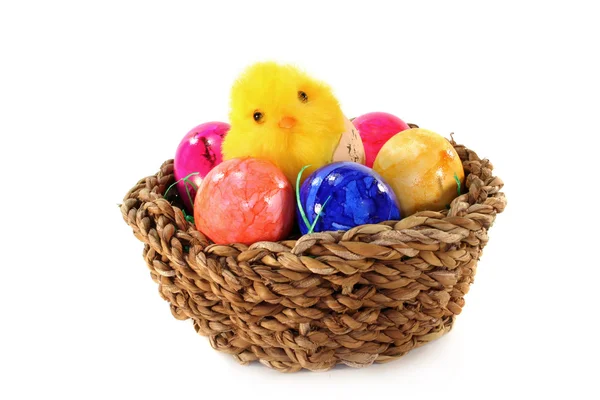 一篮子的复活节蛋和雏鸟 — 图库照片