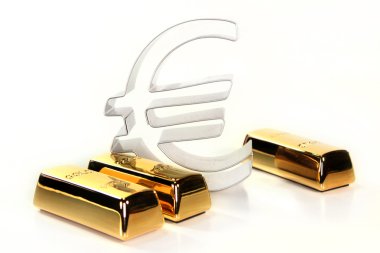 Gold bars and Euro symbol on a white background clipart
