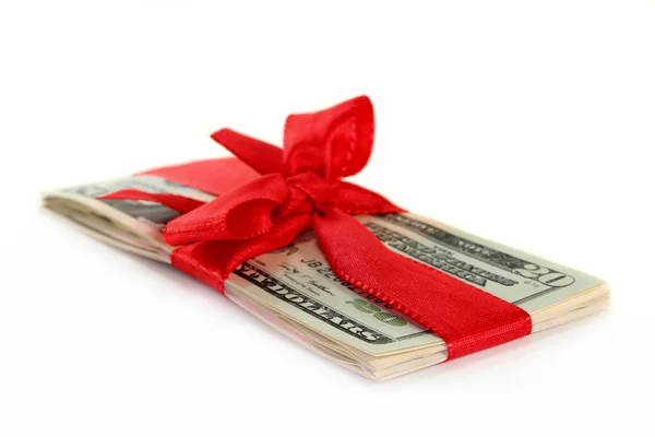 Paquete Billetes Dólar Con Una Cinta Roja — Foto de Stock