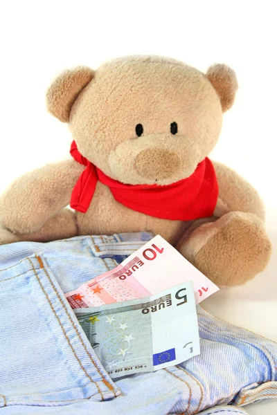 Een Teddy Met Twee Euro Bankbiljetten Een Paar Jeans — Stockfoto