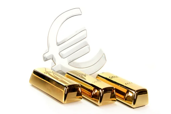 stock image Gold bars and Euro symbol on a white background