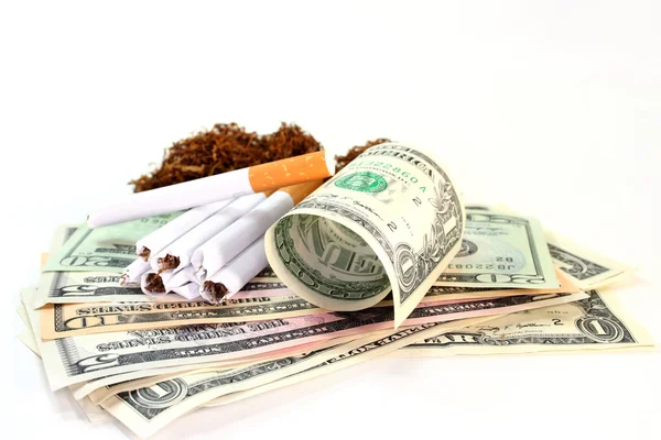 stock image Cigarettes, money and tobacco on white background