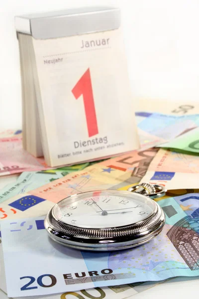 Ρολόι Τσέπης Ημερολόγιο Και Πολλά Χαρτονομίσματα Ευρώ — Φωτογραφία Αρχείου