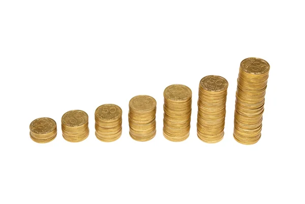 Treppe zum Reichtum an Goldmünzen isoliert auf Weiß. — Stockfoto