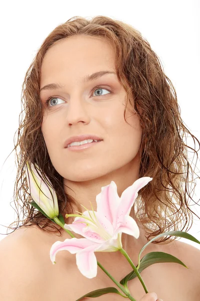 Портрет Привлекательной Женщины Макияжа Цветком Лилии Руке Изолированные Белом Фоне — стоковое фото