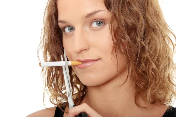 Giovane Donna Smettere Fumare Isolato Sul Bianco Concentrarsi Portata Mano — Foto Stock