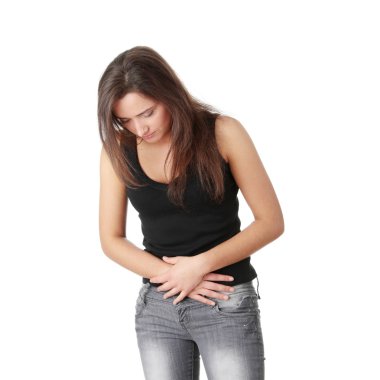 Woman with stomach issues isolated on white background clipart