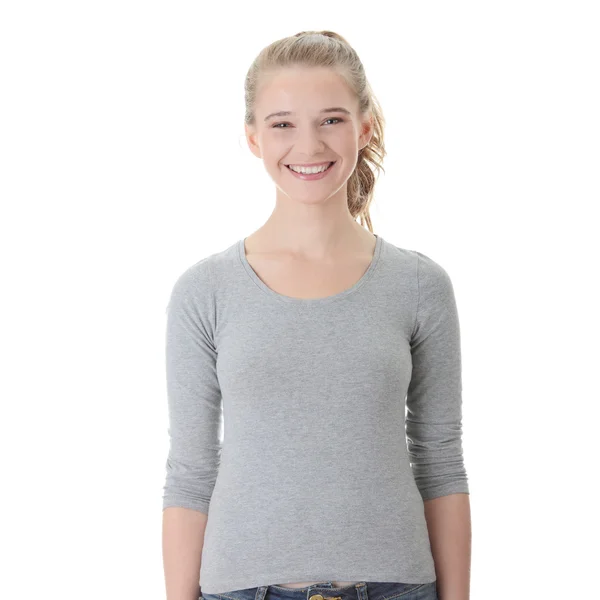 Portret Van Een Aantrekkelijke Jonge Blonde Vrouw Geïsoleerd Witte Achtergrond — Stockfoto